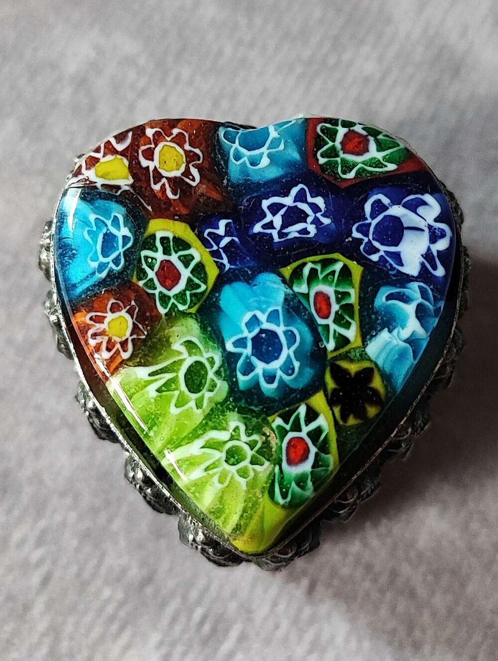 Millefiore Cane Vintage Silver Tone Pill Case Stash Box Heart Shape Design